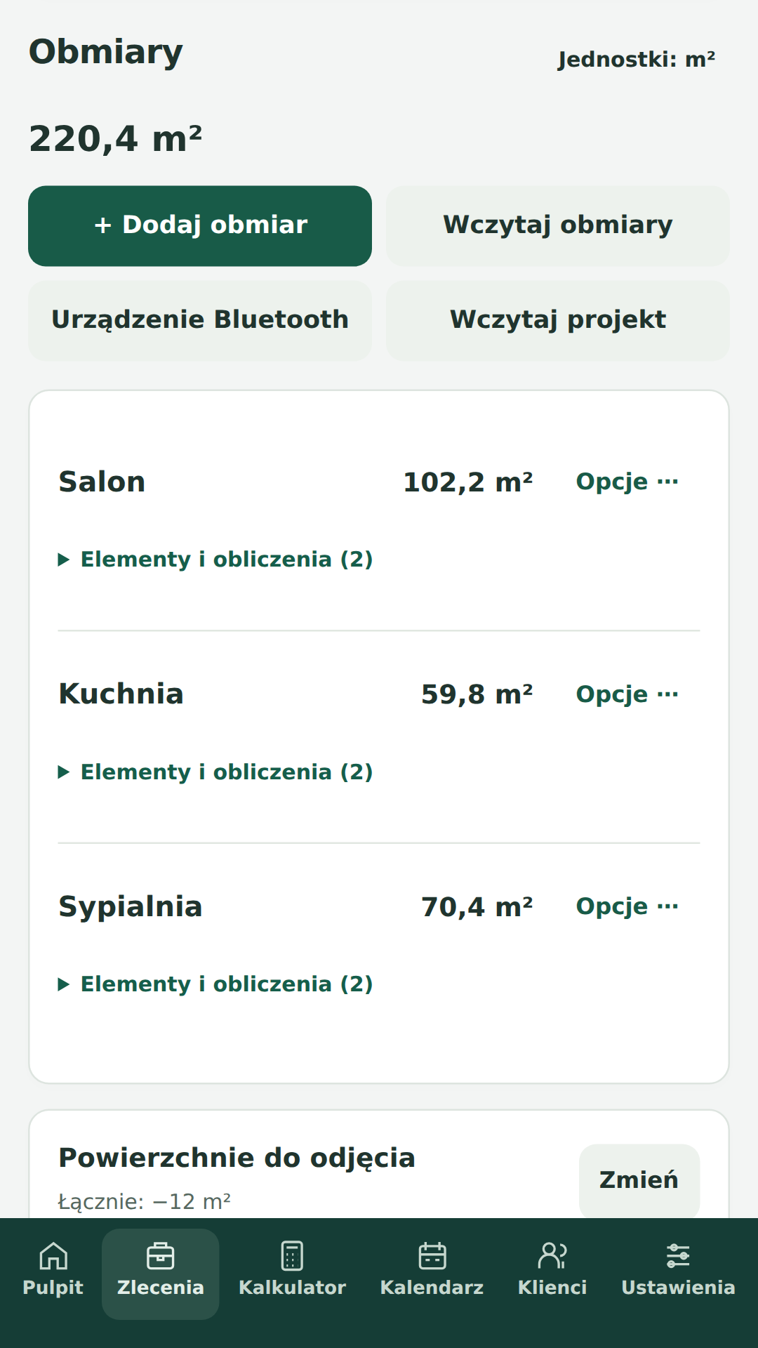 Obmiary: salon, kuchnia i sypialnia, łącznie 220,4 metra kwadratowego